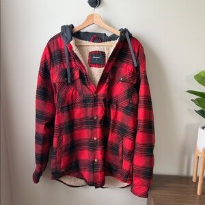 Centro Red and Black Plaid Sherpa-Lined Hooded Flannel